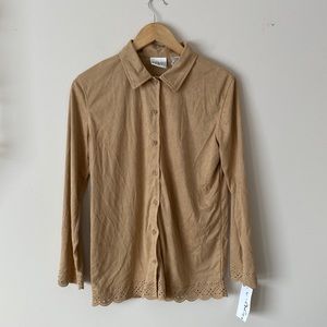 NWT Vintage Faux Suede Button Up Long Sleeve Shirt Brown Tan